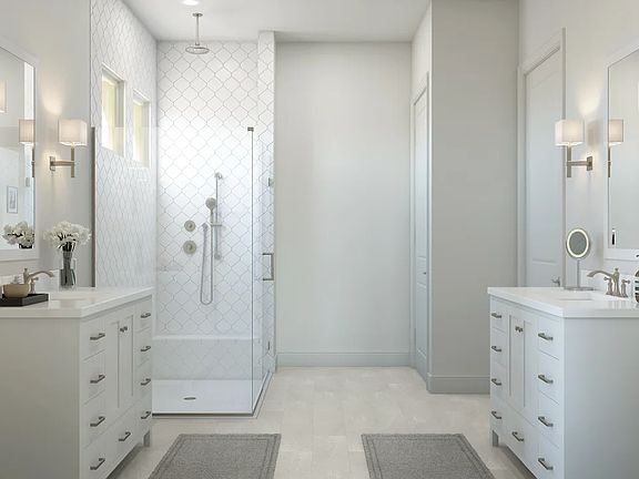 Primary bath with dual freestanding vanities