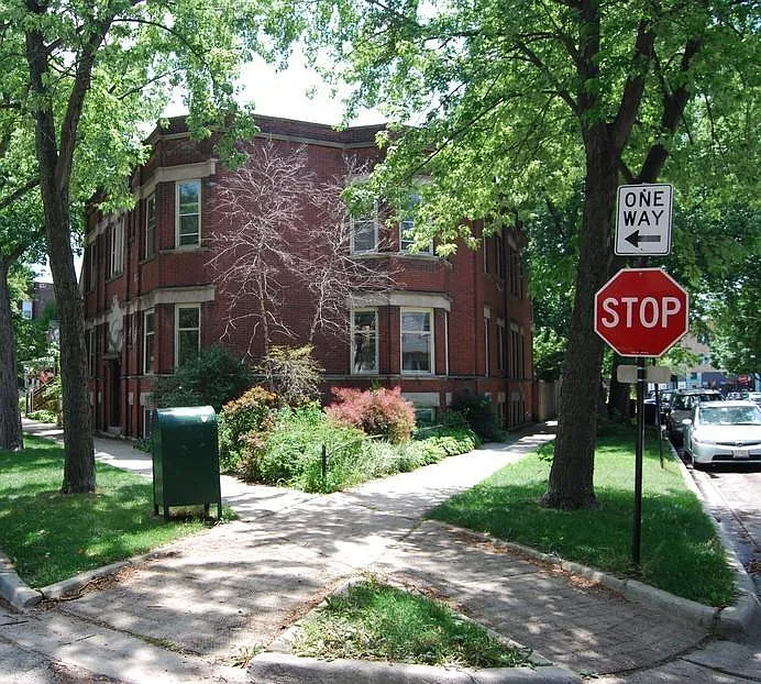Vintage building on corner lot.