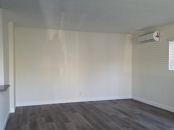 Living room with new plank flooring and wide blinds
