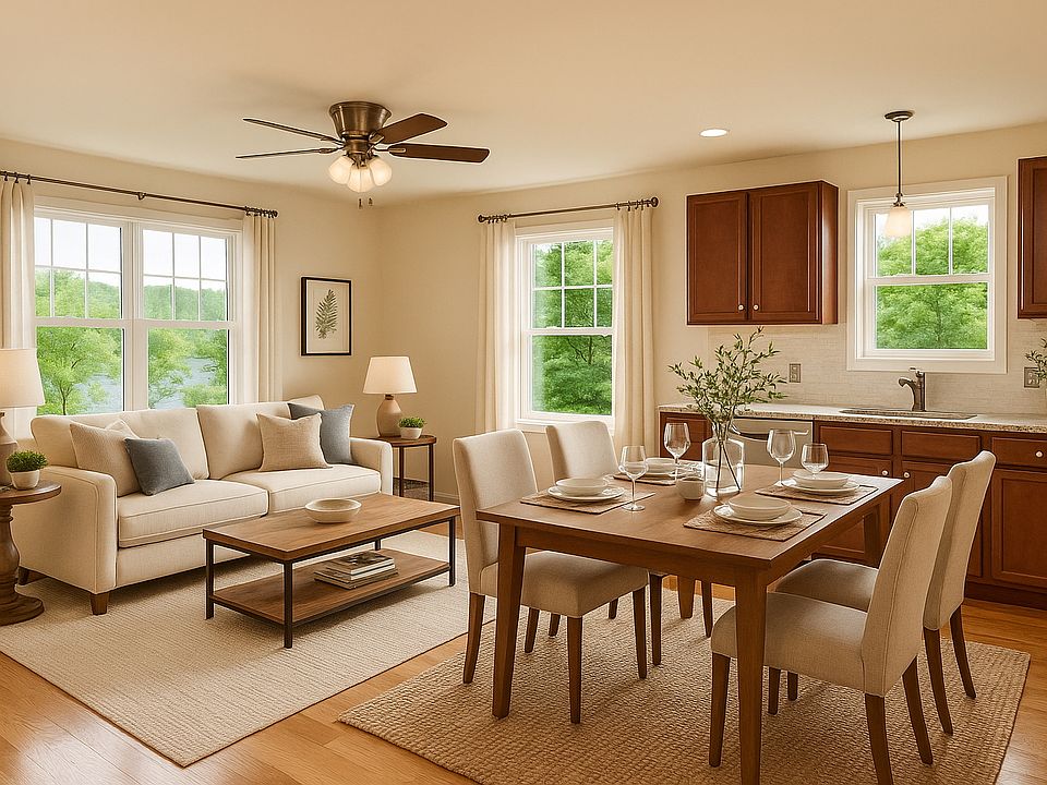 Stunning oak wood floors, open concept floor plans, and windows with curtain rods.