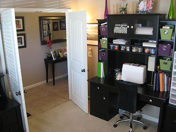 Vaulted ceiling in office.