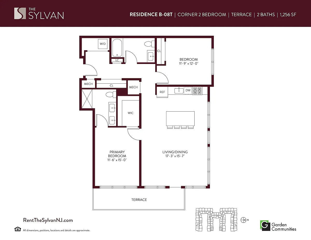Floor plan Corner Two Bedroom Apartment with Terrace B-08T