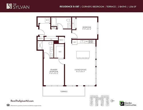 Floor plan Corner Two Bedroom Apartment with Terrace B-08T