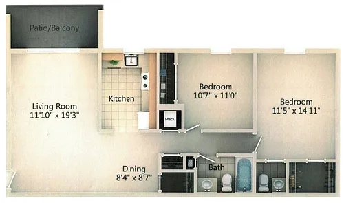 Floor plan 2BR - 1.5 BTH