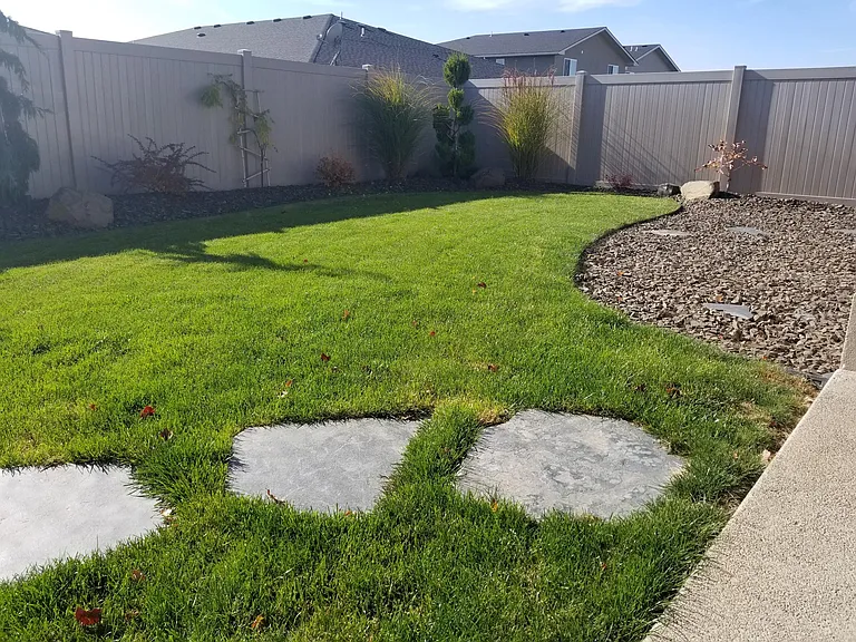 Manicured back yard. Lawn maintenance is included in rent.