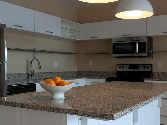 Granite counters, microwave, and lots of storage.