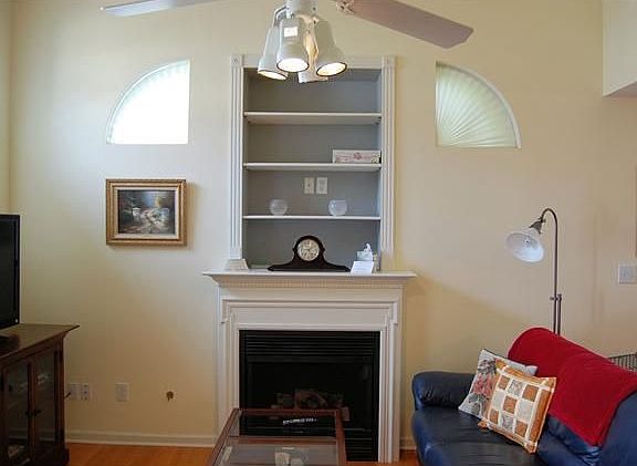 View of gas log fireplace.