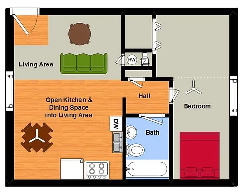 Floor plan 1 Bed, 1 Bath Cozy Open Plan