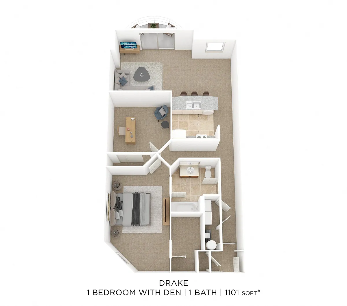 Floor plan One Bedroom w/ Den- Drake