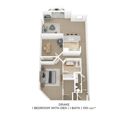 Floor plan One Bedroom w/ Den- Drake