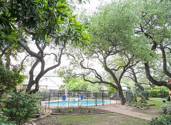 Gorgeous oaks and pool safety fence.