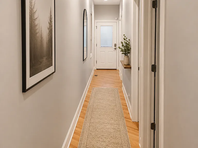 Large hallways with hardwood flooring throughout upstairs.