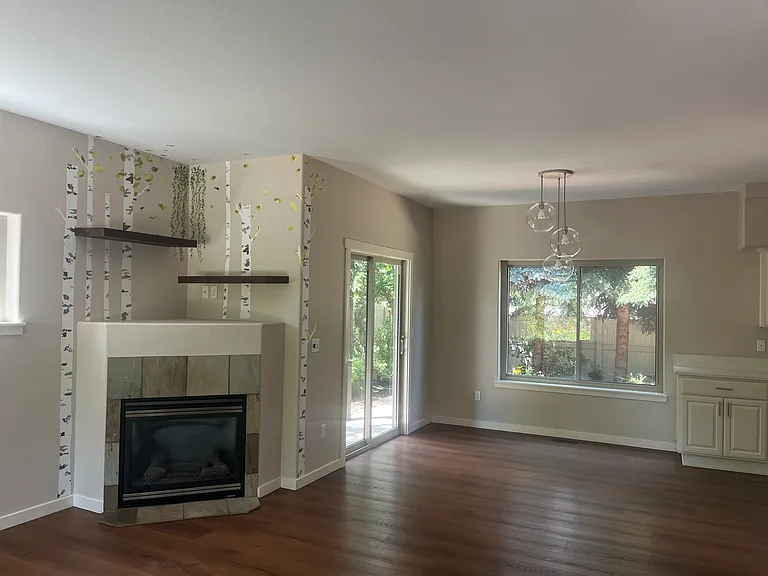 gas fireplace and dining room