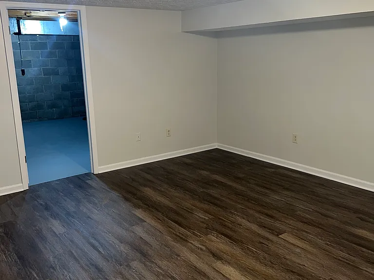 Partially finished basement leading to spacious storage room with washer and dryer hook-up.