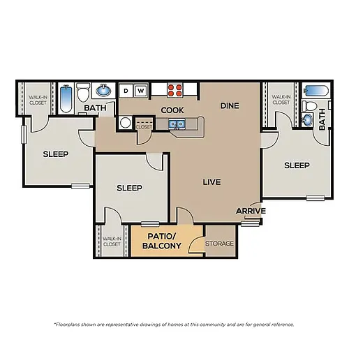 Floor plan 3 Bed - 2 Bath SM