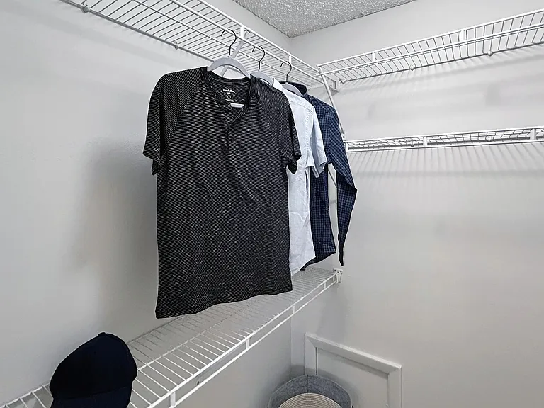 Expansive closets provide plenty of space for your wardrobe.