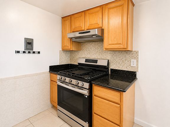Gas stove and oven with range hood and wooden cabinetry.