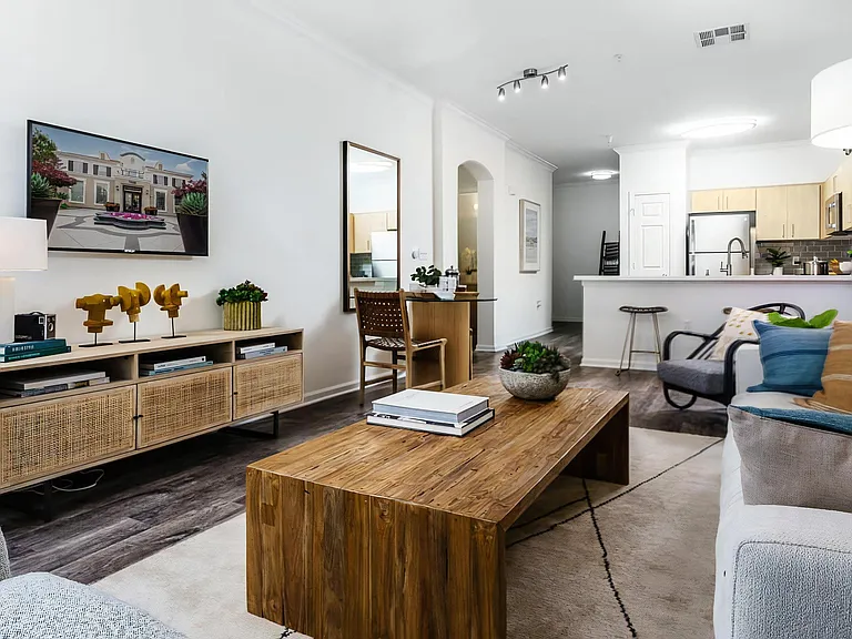 Furnished Apartment with Integrated Kitchen, Dining, and Living Areas