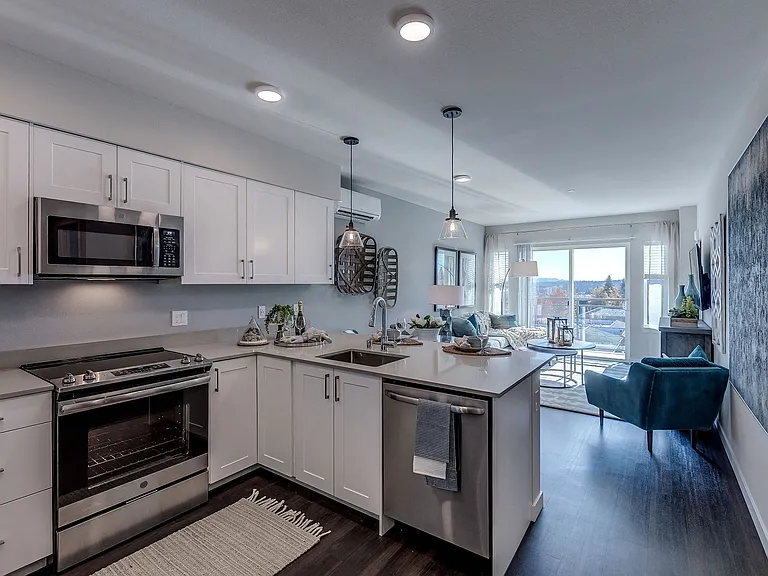 All Lux kitchen and living room spaces include stainless steel appliances, including dishwasher and overhead microwave/exhaust as well as built-in air conditioning