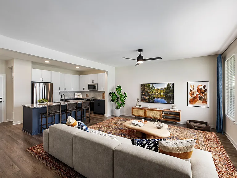 Spacious townhome kitchen and living area