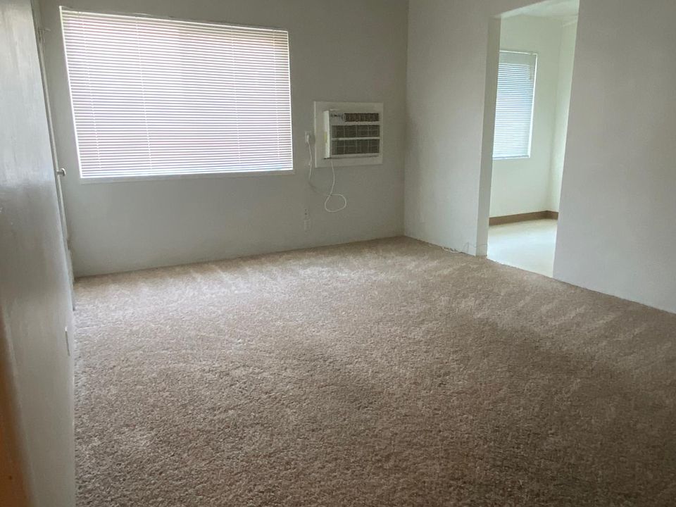 view from entry door. walls are light grey, carpet is more evenly colored than in this pic. see bedroom. there is a small closet on the wall left of the window.