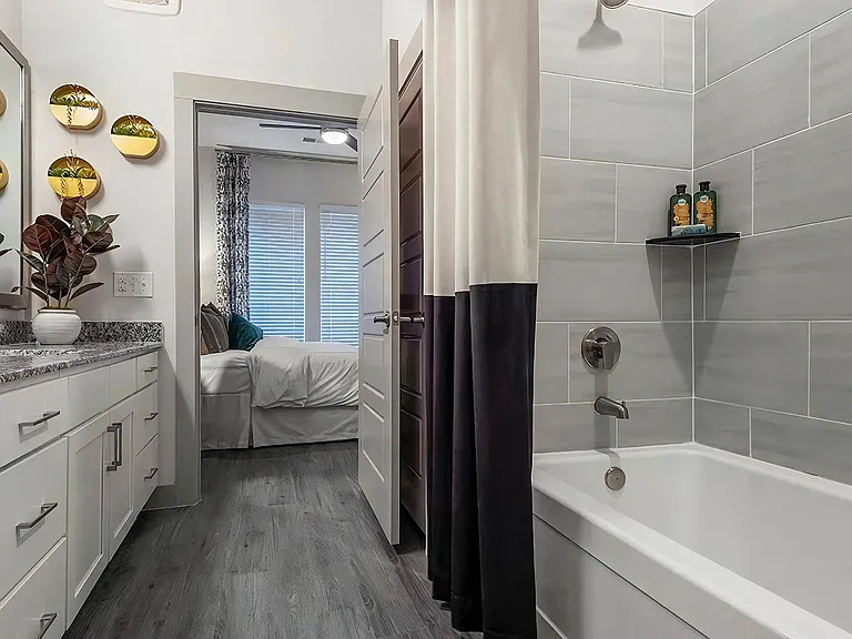 Tub and Vanity Bathroom With Granite Countertops and Bedroom Access