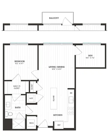 Floor plan 1 Bed/1 Bath Den-B1c