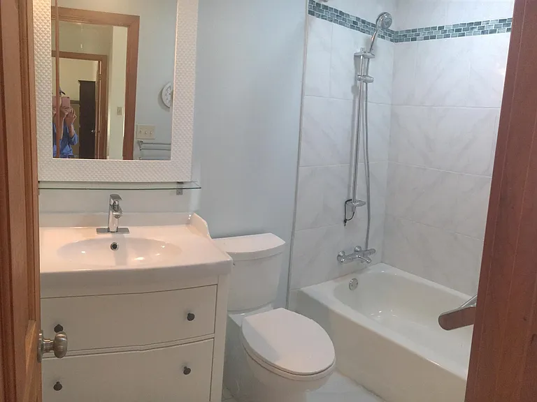Hall bathroom. 2nd door on the left is to the bedroom. Skylight is above tub.