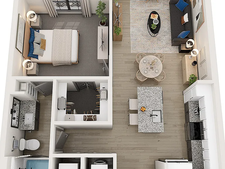Explore this one-bedroom apartment, designed with a spacious living area and modern kitchen. Explore this one-bedroom apartment, designed with a spacious living area and modern kitchen.