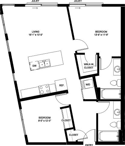 Floor plan Two Bedroom B1 with Juliet Balcony