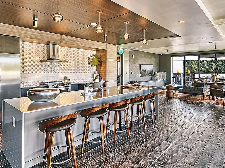 Griffis Shoreline resident lounge with community kitchen.