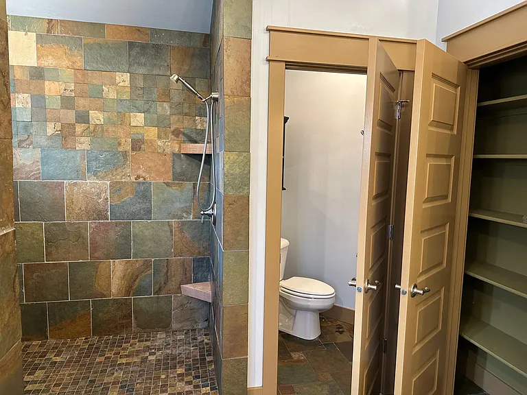 Master bathroom shower, water closet and storage closet