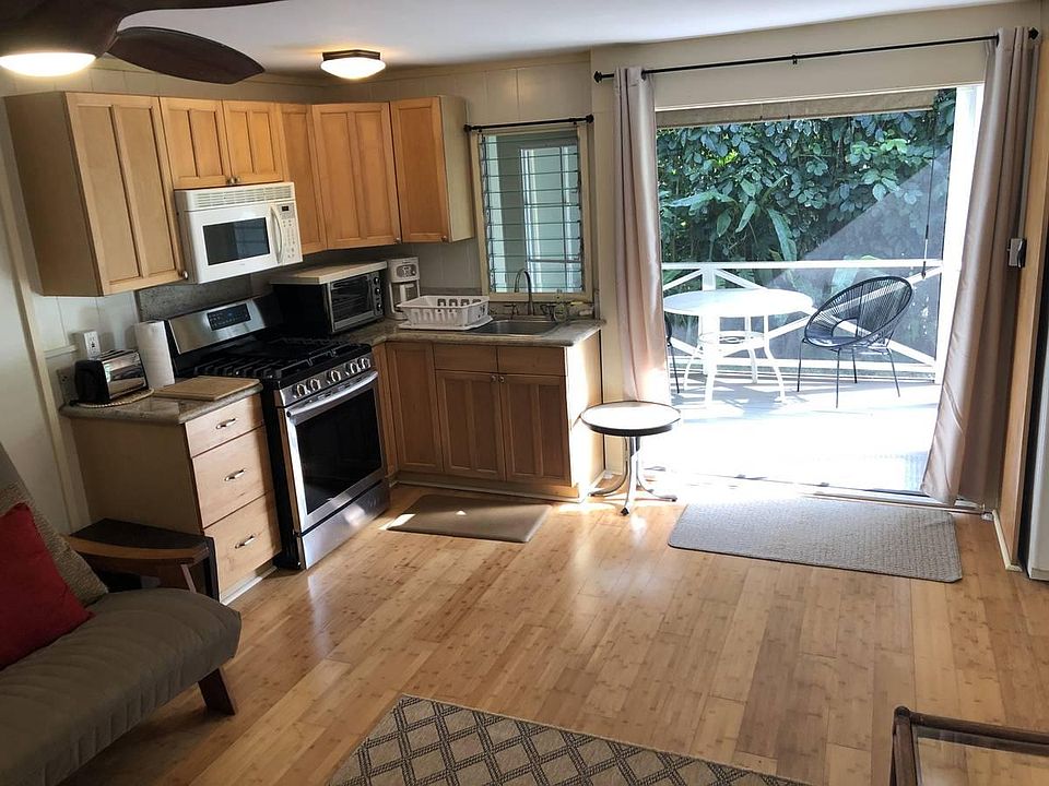 Bamboo flooring, full kitchen / front room combined