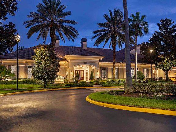 Clubhouse entrance at dusk