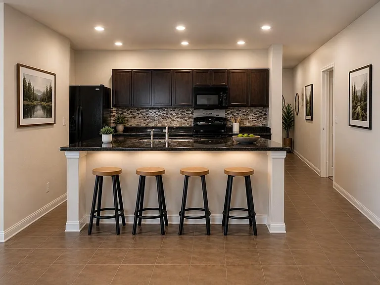 Open kitchen with breakfast bar seating, dark cabinetry, tile backsplash, and full appliance set for easy daily cooking.