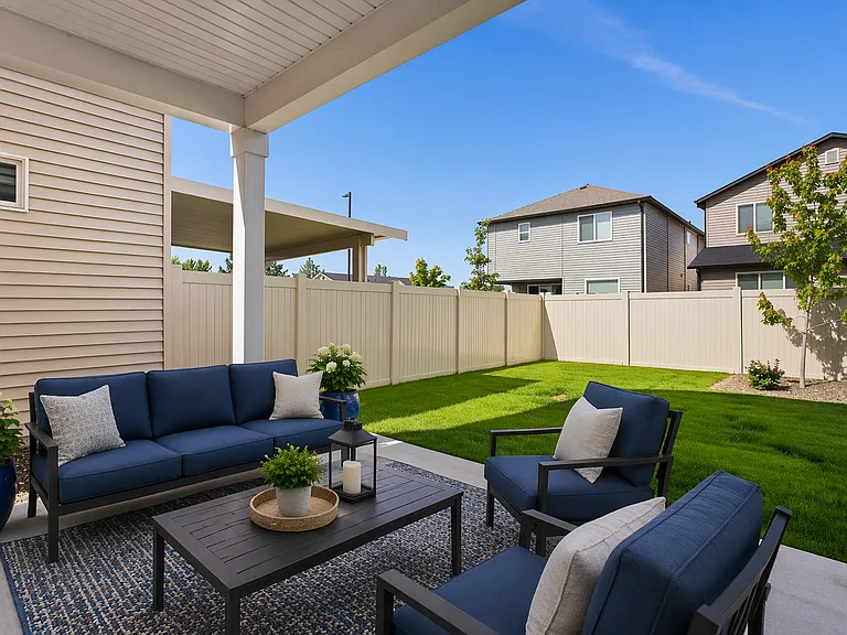 Covered patio and backyard