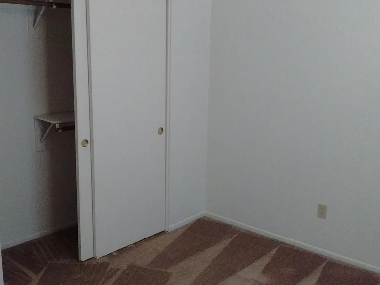bedroom closet with double shelf and pole in half the closet.