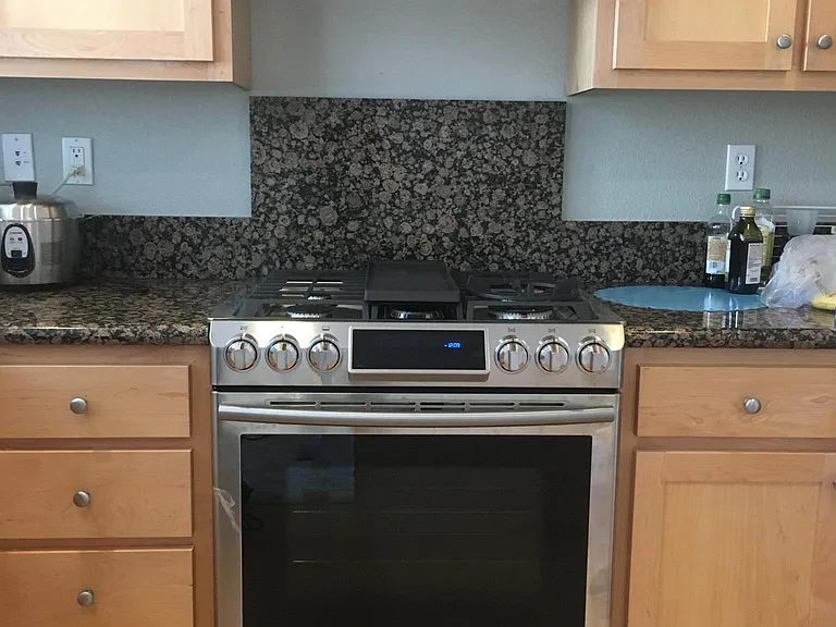 Recently upgraded kitchen range. Chef's kitchen with ample counter space and cabinets.