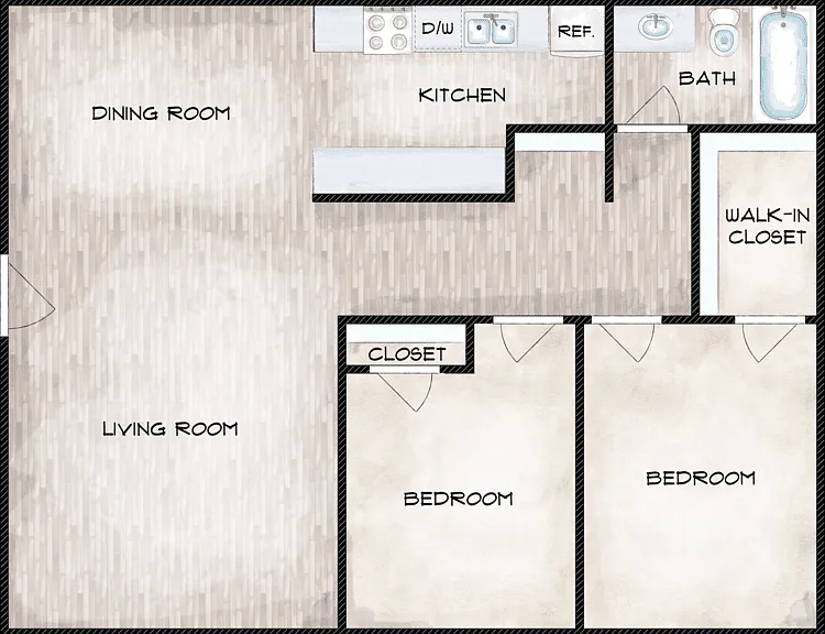 2 Bedroom | 1 Bath Floorplan Diagram