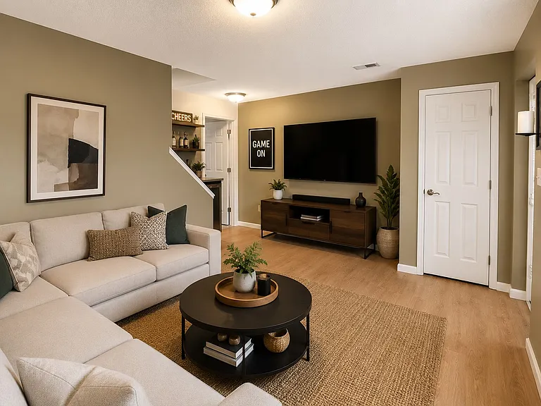 Virtually Staged Basement Rec room