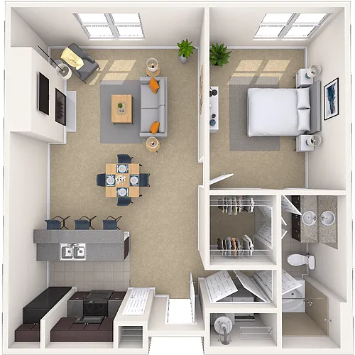 Floor plan Traditional 1x1 724-884 SF