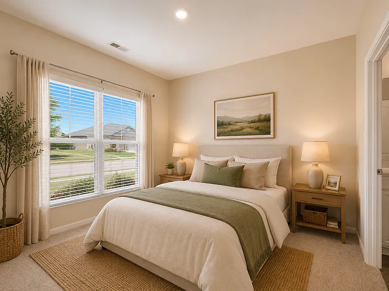 Virtual Staging. Front bedroom with ensuite shared guest bathroom