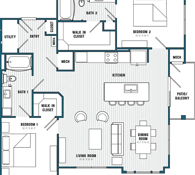 E Floorplan; 2 Bedroom/2 Bathroom E Floorplan; 2 Bedroom/2 Bathroom
