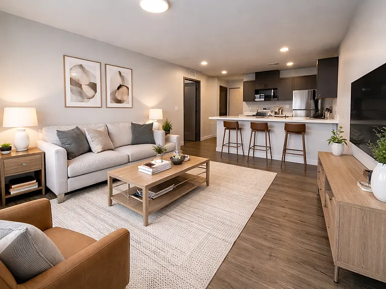 1 BD living room and kitchen rendering