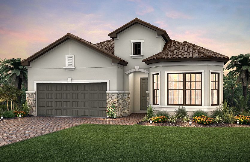 Exterior FM2D with decorative stone accents and bay window