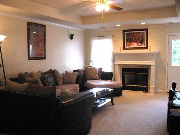 Living Room view - trey ceiling & fireplace