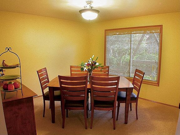 Formal dining room has view of lush backyard that backs up to natural park.