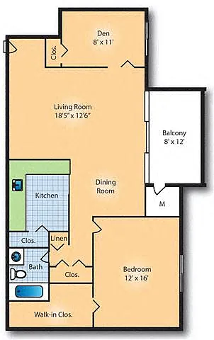 Floor plan 1Bed 1Bath Den 866 sf