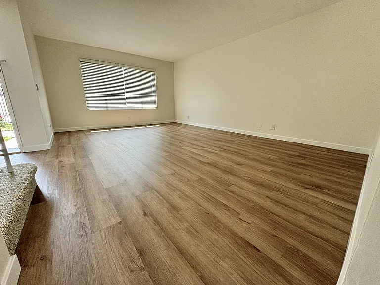 Spacious living room with an abundance of lights boast new vinyl plank flooring and new paint!