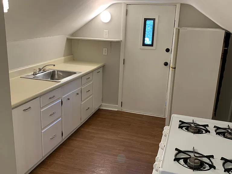 Galley Kitchen with fridge and gas oven